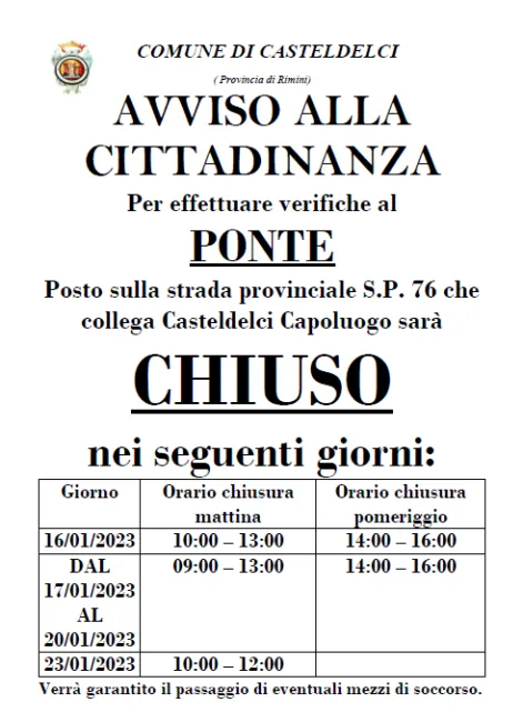 AVVISO ALLA CITTADINANZA CHIUSURA PONTE 